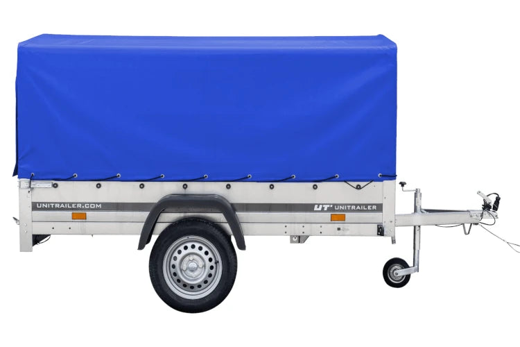 Auto Anhänger 230×125 Garden Trailer 230 KIPP Unitrailer 750 kg mit Stützrad, blauer Hochplane und Hochspriegel