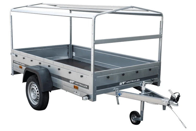 Auto Anhänger 230×125 Garden Trailer 230 KIPP Unitrailer 750 kg mit Stützrad, blauer Hochplane und Hochspriegel
