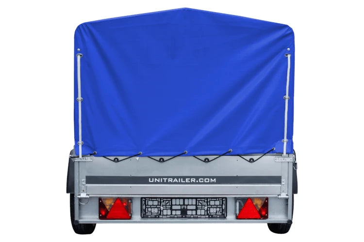 Auto Anhänger 230×125 Garden Trailer 230 KIPP Unitrailer 750 kg mit Stützrad, blauer Hochplane und Hochspriegel