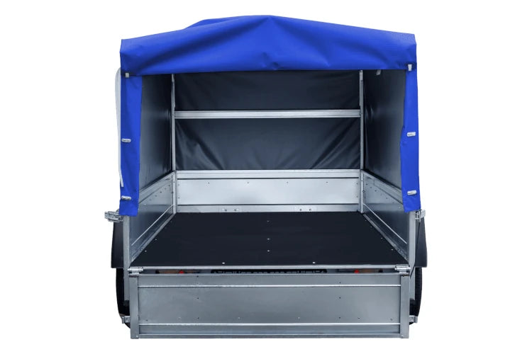 Auto Anhänger 230×125 Garden Trailer 230 KIPP Unitrailer 750 kg mit Stützrad, blauer Hochplane und Hochspriegel