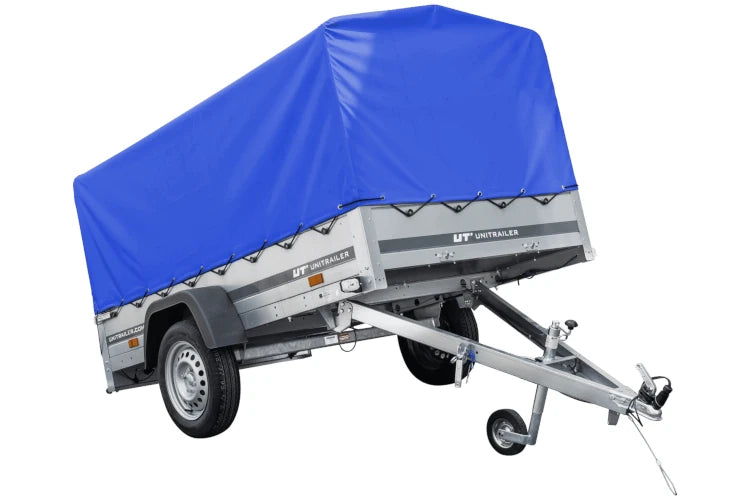 Auto Anhänger 230×125 Garden Trailer 230 KIPP Unitrailer 750 kg mit Stützrad, blauer Hochplane und Hochspriegel