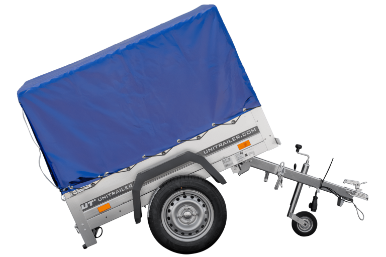 Anhänger 150 KIPP 150×106 cm [mit blauer Hochplane, Hochspriegel und Stützrad]