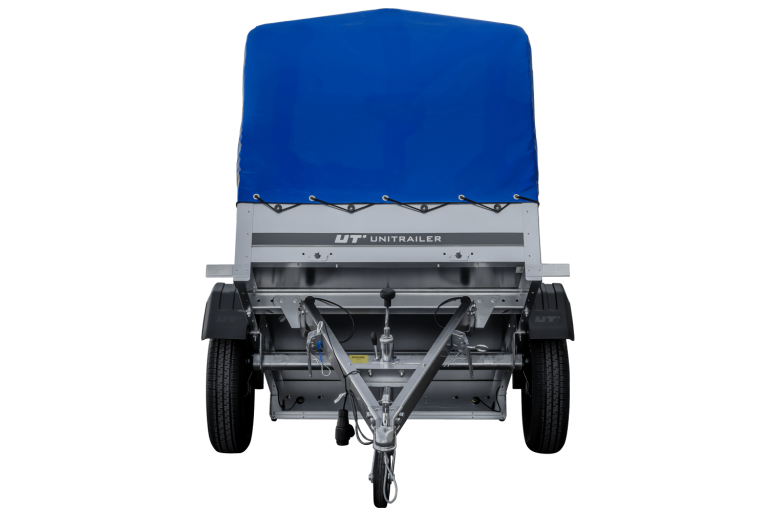 Anhänger 150 KIPP 150×106 cm [mit blauer Hochplane, Hochspriegel und Stützrad]