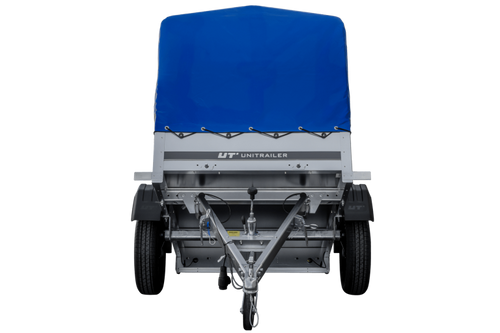 Anhänger 150 KIPP 150×106 cm [mit blauer Hochplane, Hochspriegel und Stützrad]