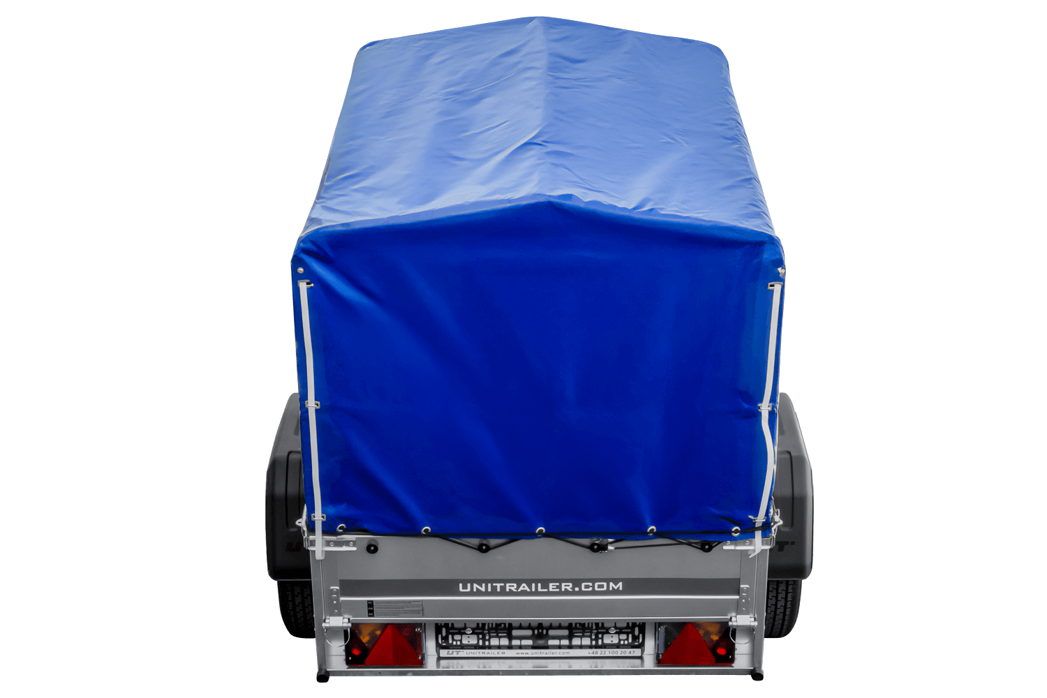 Anhänger 150 KIPP 150×106 cm [mit blauer Hochplane, Hochspriegel und Stützrad]