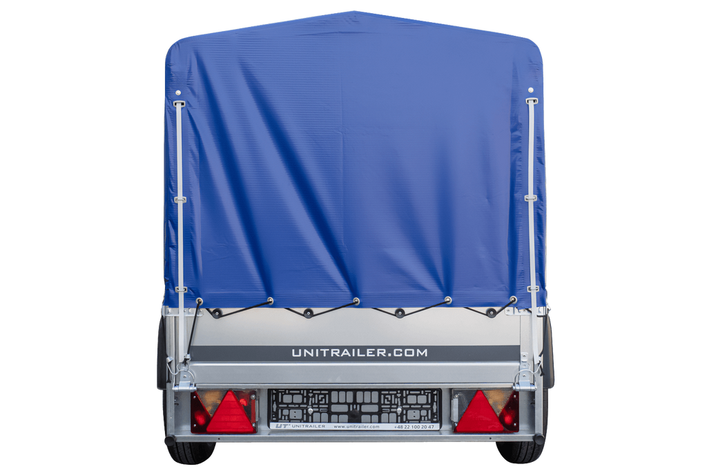 Anhänger Garden Trailer 200 KIPP 200×106 cm 750 kg [mit Hochspriegel, blauer Hochplane und Stützrad]