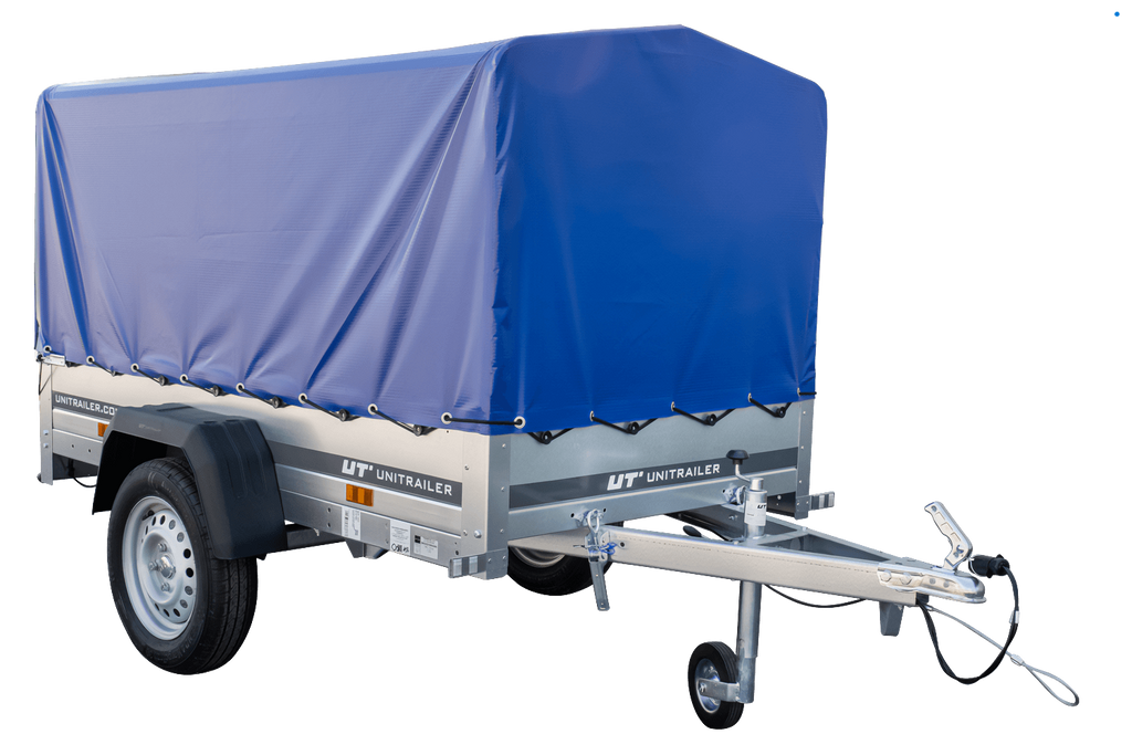 Anhänger Garden Trailer 200 KIPP 200×106 cm 750 kg [mit Hochspriegel, blauer Hochplane und Stützrad]