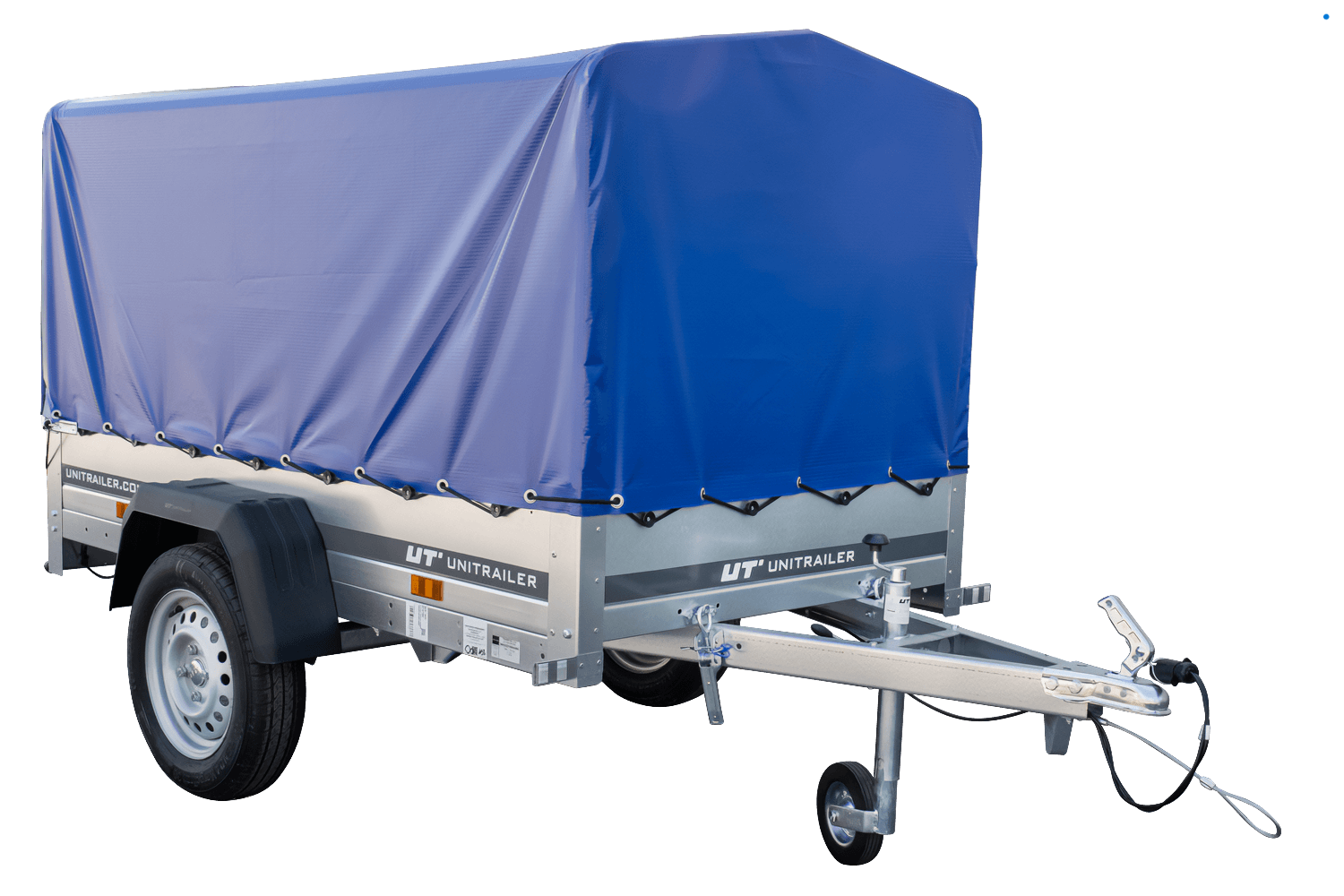 Anhänger Garden Trailer 200 KIPP 200×106 cm 750 kg [mit Hochspriegel, blauer Hochplane und Stützrad]