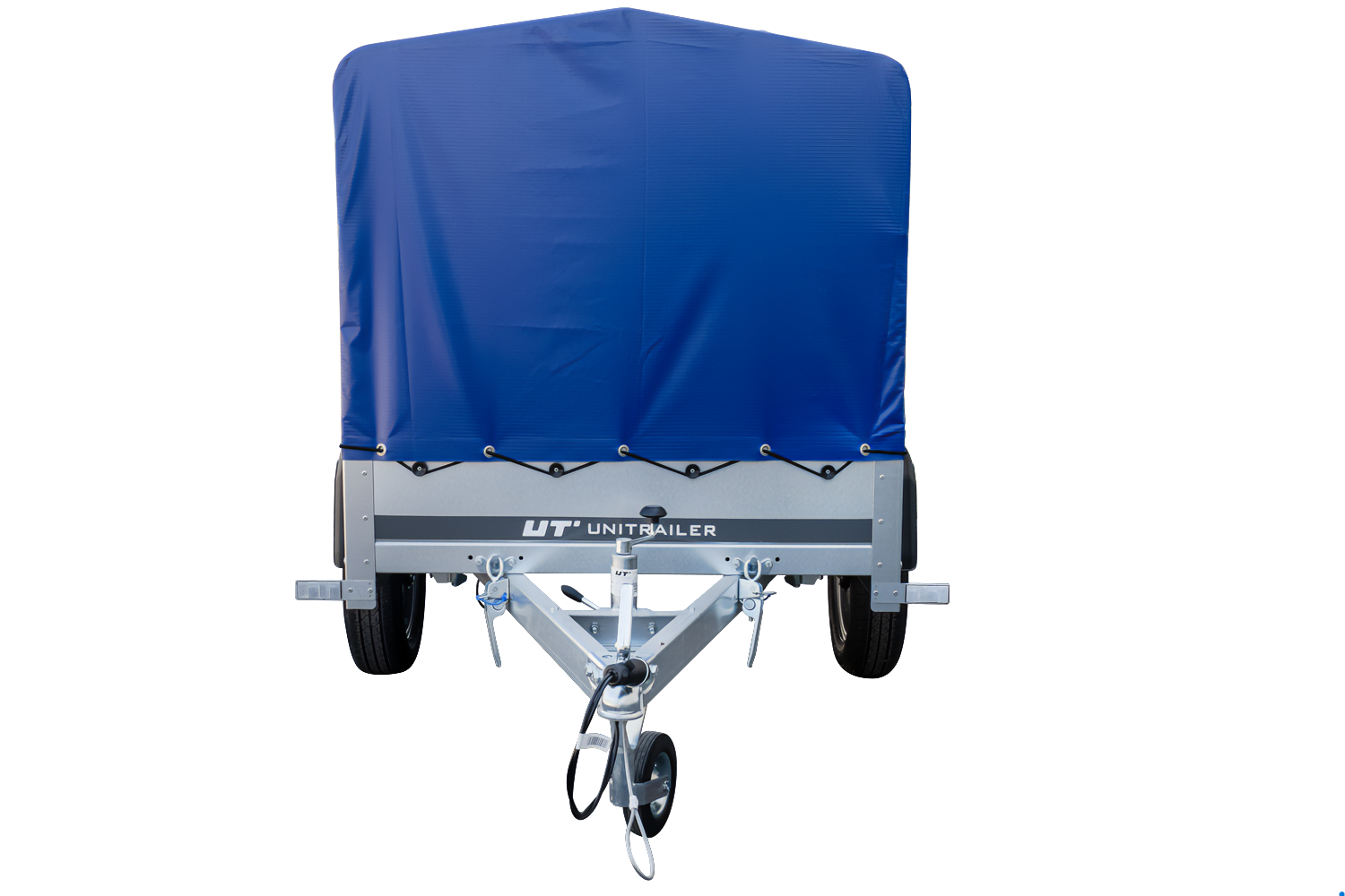 Anhänger Garden Trailer 200 KIPP 200×106 cm 750 kg [mit Hochspriegel, blauer Hochplane und Stützrad]