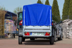 Anhänger Garden Trailer 200 KIPP 200×106 cm 750 kg [mit Hochspriegel, blauer Hochplane und Stützrad]