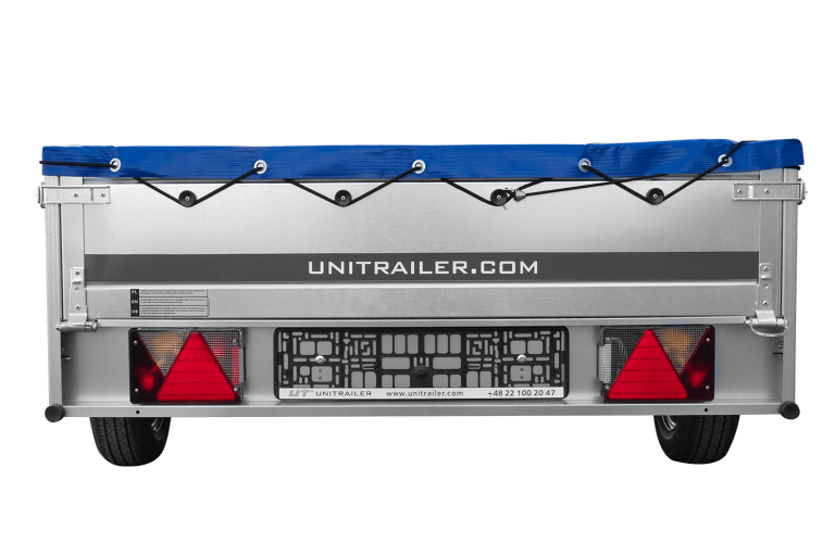 EINACHS-TIEFLADER GARDEN TRAILER 264 KIPP MIT STÜTZRAD, QUERSTREBEN UND BLAUER FLACHPLANE