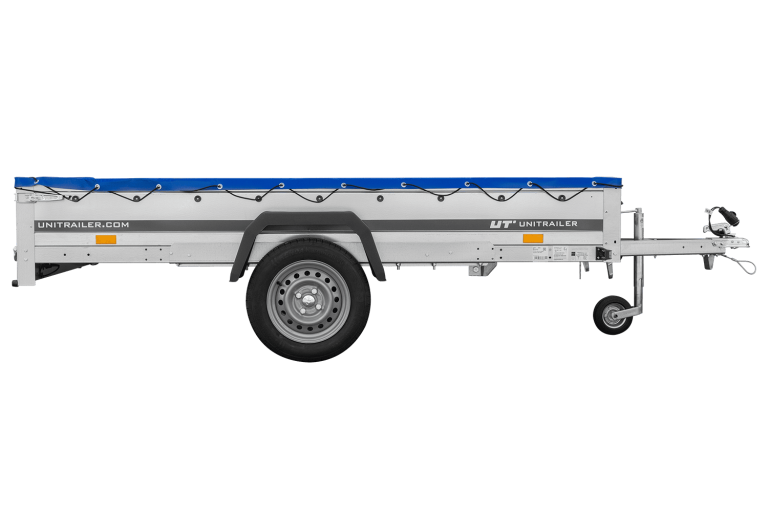 EINACHS-TIEFLADER GARDEN TRAILER 264 KIPP MIT STÜTZRAD, QUERSTREBEN UND BLAUER FLACHPLANE