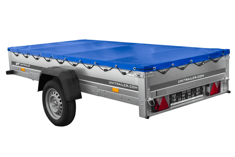 EINACHS-TIEFLADER GARDEN TRAILER 264 KIPP MIT STÜTZRAD, QUERSTREBEN UND BLAUER FLACHPLANE