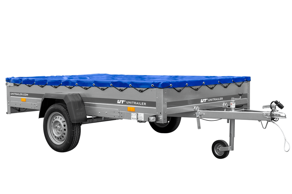 Einachsanhänger 264×150 UNITRAILER GARDEN 265 KIPP mit einem Flachplanenträger und blauer Plane
