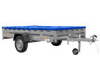 Einachsanhänger 264×150 UNITRAILER GARDEN 265 KIPP mit einem Flachplanenträger und blauer Plane