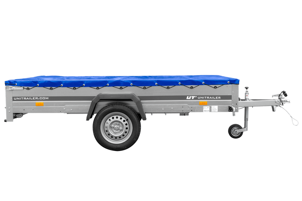 Einachsanhänger 264×150 UNITRAILER GARDEN 265 KIPP mit einem Flachplanenträger und blauer Plane