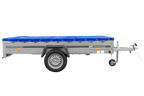 Einachsanhänger 264×150 UNITRAILER GARDEN 265 KIPP mit einem Flachplanenträger und blauer Plane