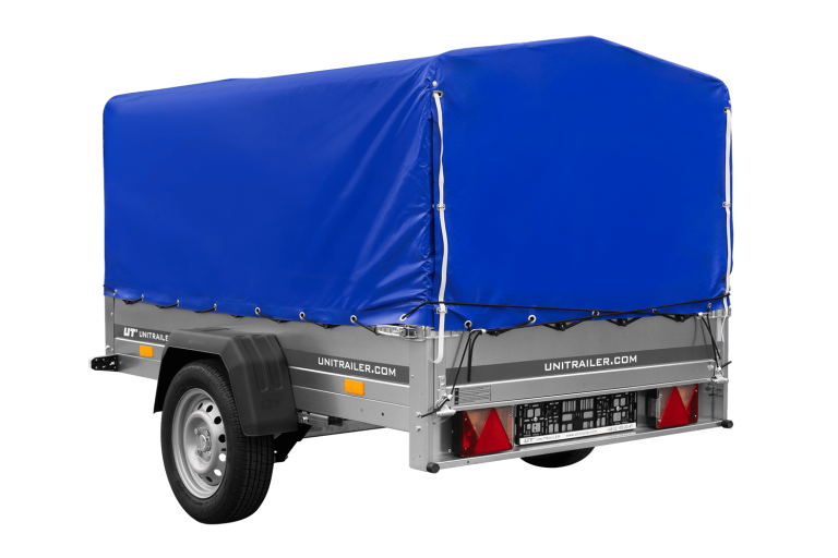 Einachsanhänger auf Federn 200×125 UNITRAILER GARDEN 201/R KIPP mit H-800-Rahmen und blauer Plane