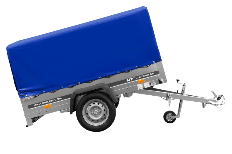 Einachsanhänger auf Federn 200×125 UNITRAILER GARDEN 201/R KIPP mit H-800-Rahmen und blauer Plane
