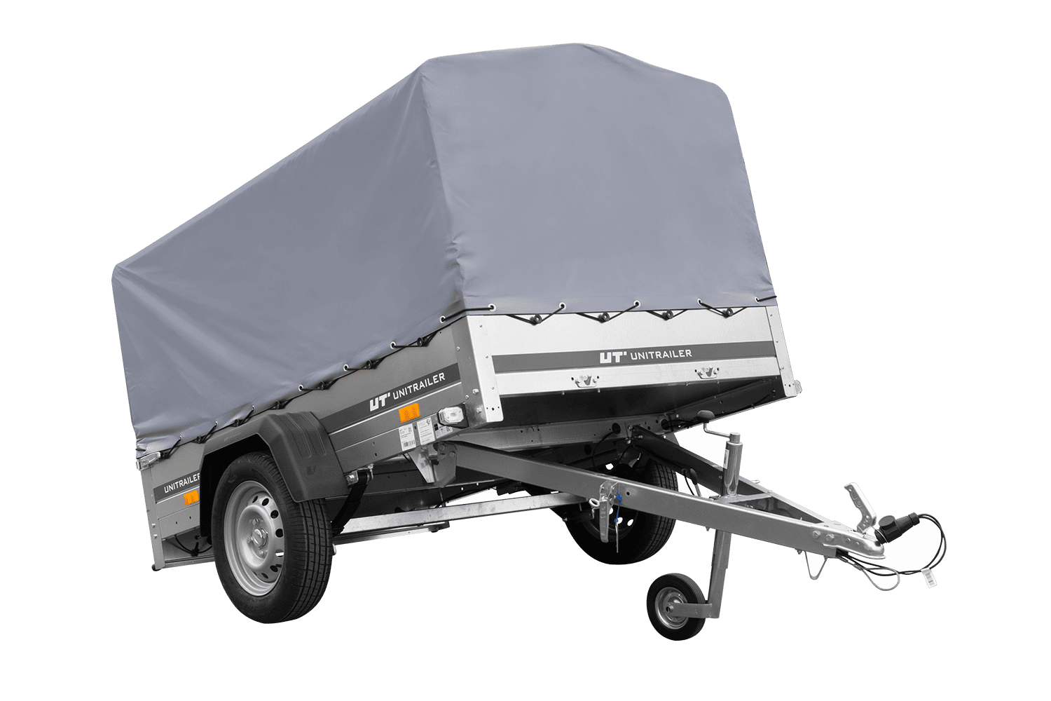 Einachsanhänger auf Federn 200×125 UNITRAILER GARDEN 201/R KIPP mit H-800-Rahmen und grauer Plane